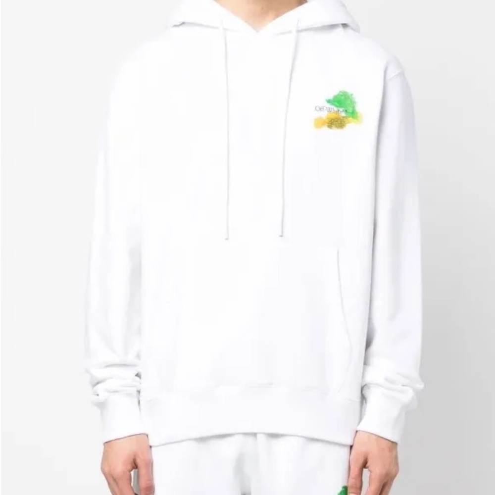 Off-White White Crewneck Hoodie with Green & Yellow Logo